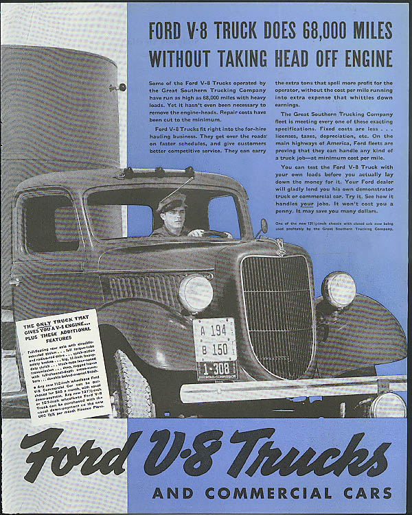 Image for 68,000 miles without taking head off engine Ford V-8 Truck ad 1936